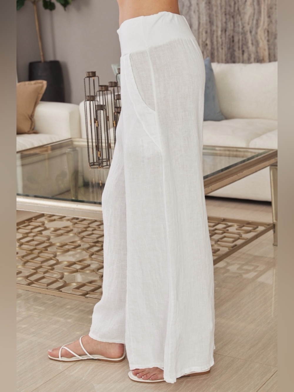 (18931-WHT)  LINEN SEAM STITCH DETAIL WIDE LEG PANTS - Picture 2 of 4